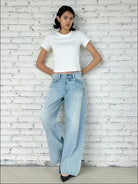 FaxCopyExpress Washed Cotton Gardener Jeans in Blue - On Female Model
