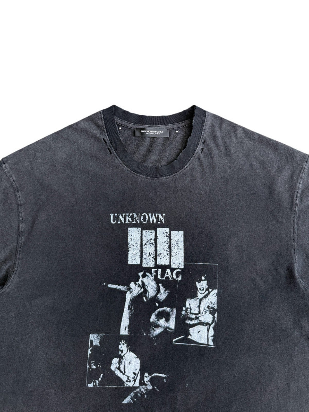 UNKNOWNWORLD Sun Faded Distressed Flag Print T Shirt in Black - Detail