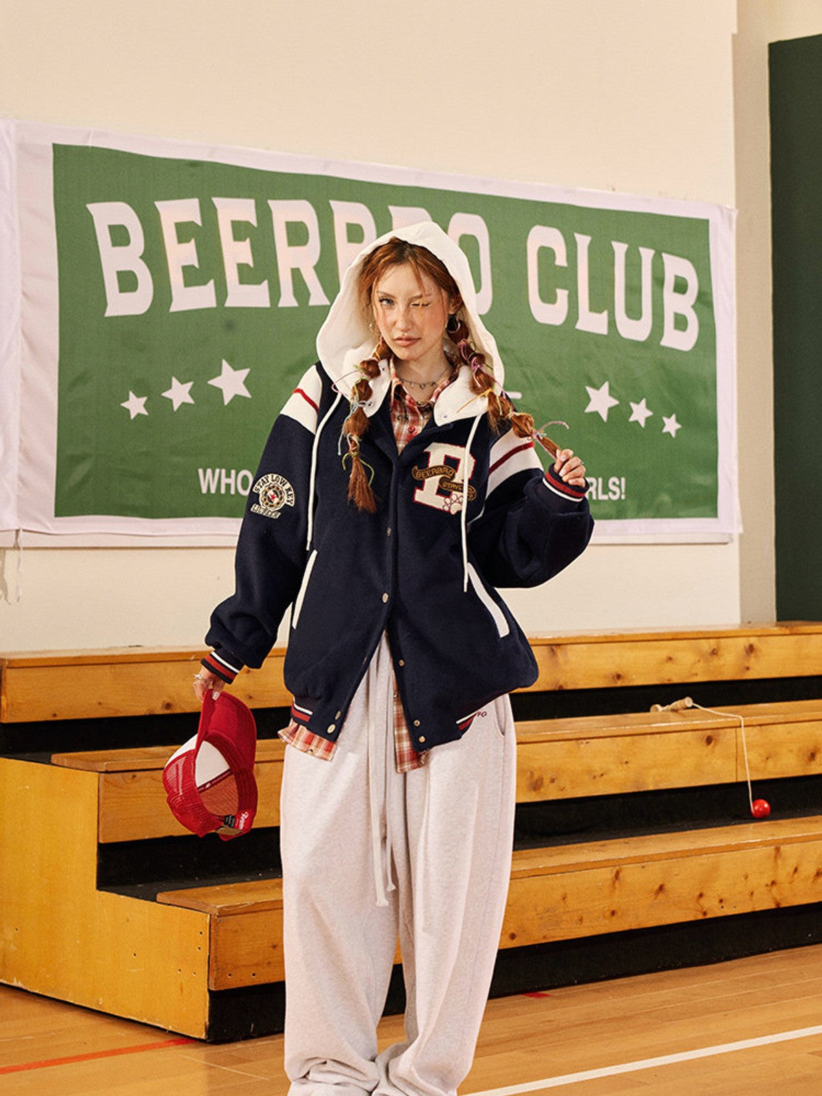 BEERBRO Detachable Hood Varsity Jacket in Navy Blue - On Female Model