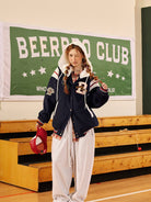 BEERBRO Detachable Hood Varsity Jacket in Navy Blue - On Female Model