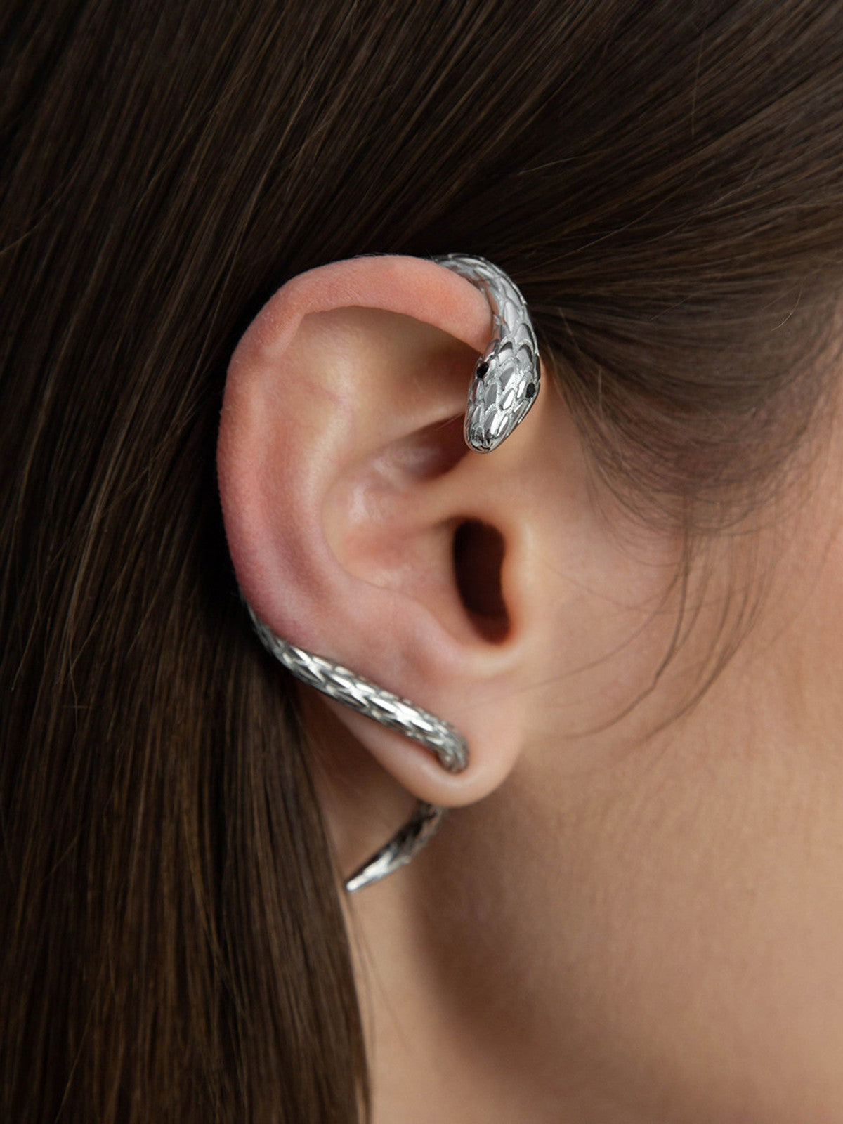 BLACKHEAD Exaggerated Snake Ear Cuff in Silver - On Female Model