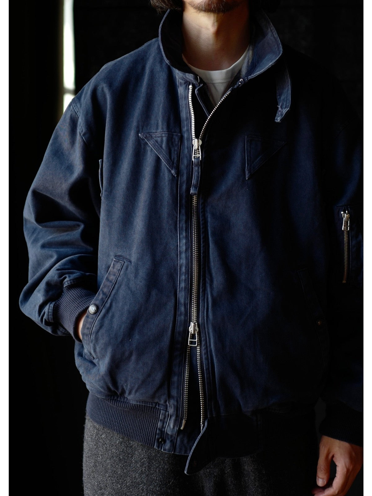 USAGE Washed Cotton Lyocell B 15 Bomber in Navy - On Male Model