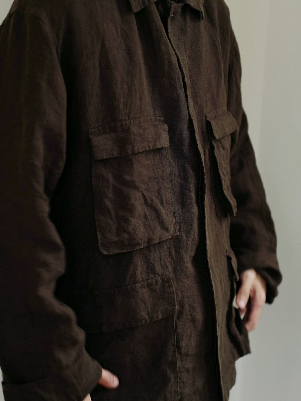 USAGE Linen Four Pocket BDU Jacket in Brown - On Male Model