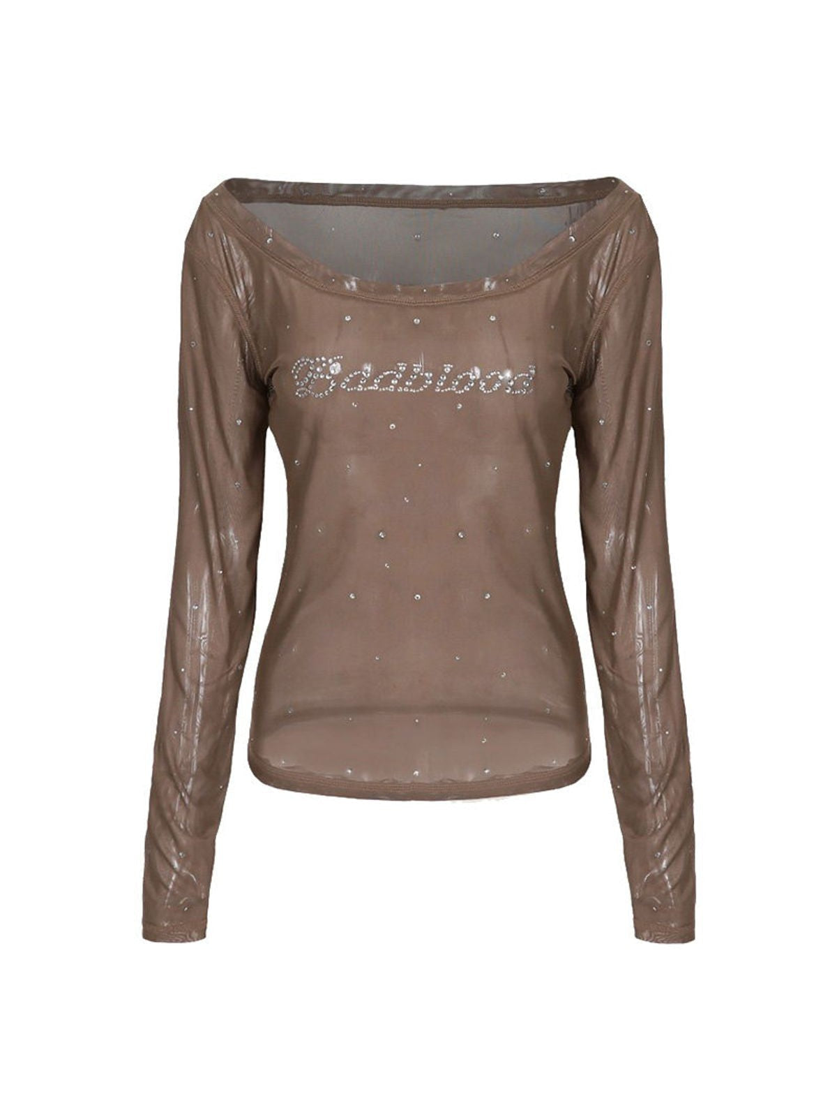 BADSEED Sheer Mesh Rhinestone Off Shoulder Top in Brown