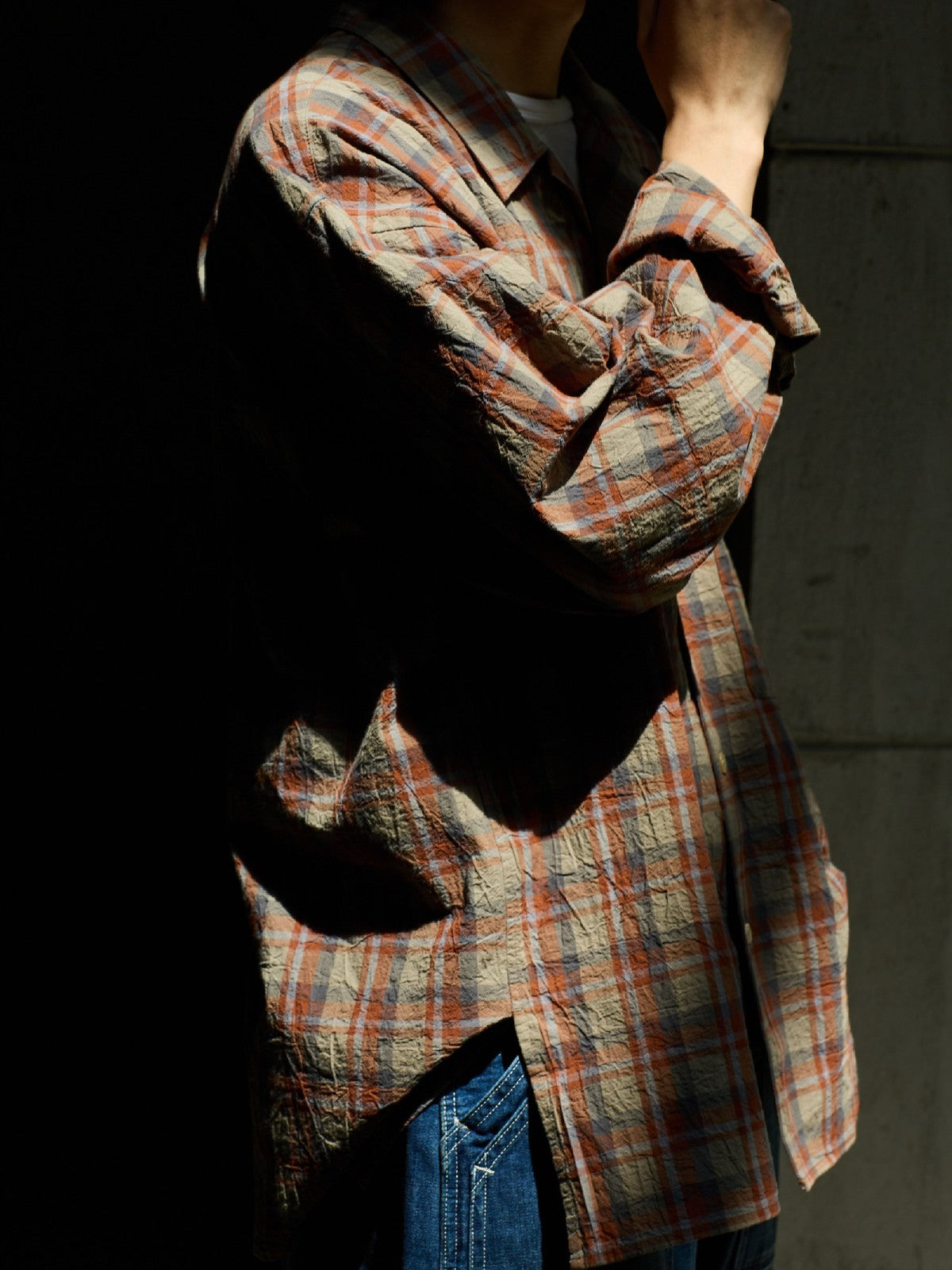 USAGE Washed Crinkle Plaid Open Collar Shirt in Orange - On Male Model