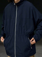 USAGE Drawstring Zip Front Tech Anorak in Navy Blue - On Male Model