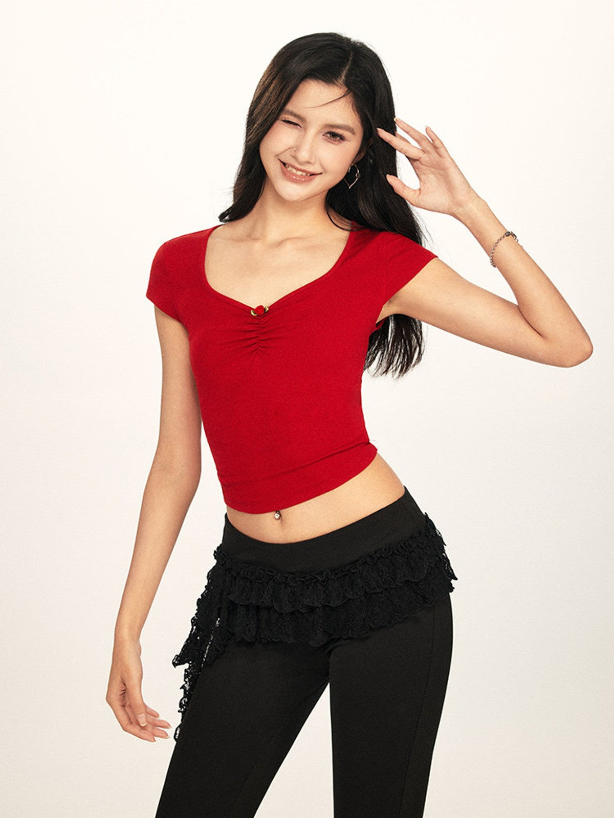 BEERBRO Twist Front Ruched Tee in Red - On Female Model