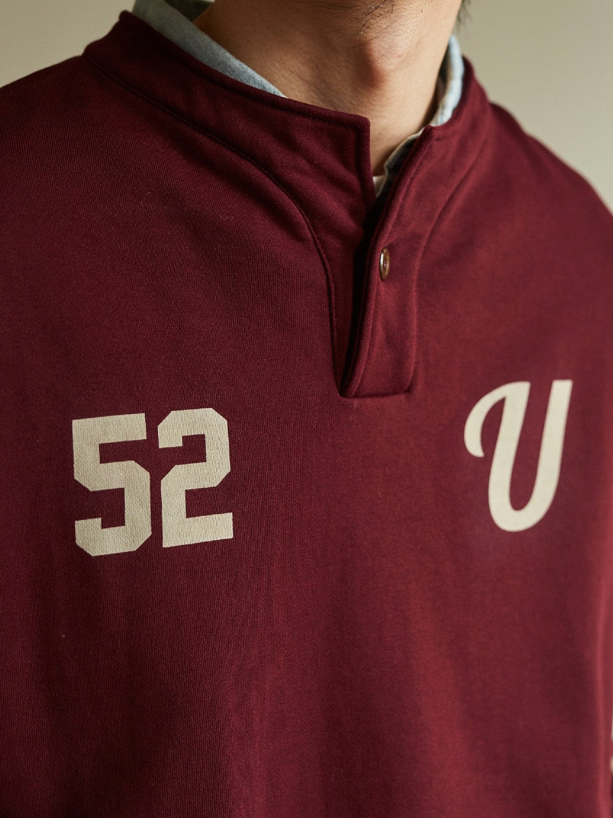 USAGE Terry Cotton Henley Sweatshirt in Burgundy - On Male Model