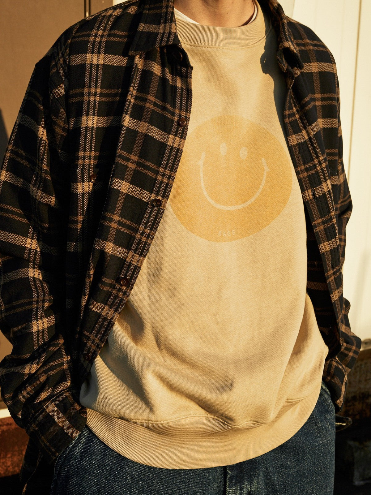 USAGE Washed Cotton Raglan Smiley Sweatshirt in Beige - On Male Model
