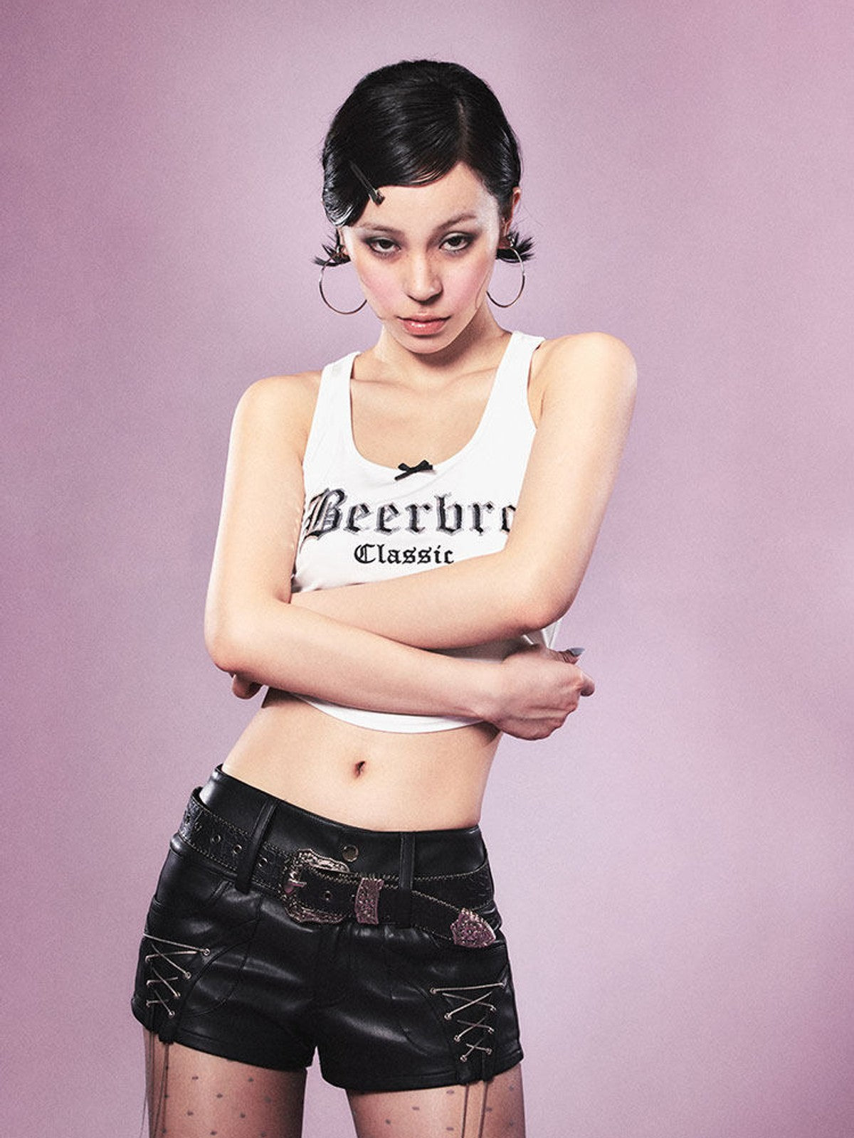 BEERBRO Lace Up Faux Leather Hot Pants in Black - On Female Model