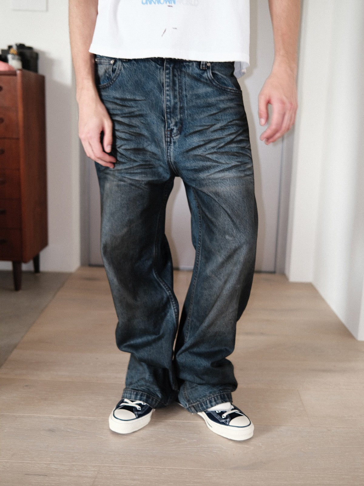 UNKNOWNWORLD Oil Stain Mud Dye Straight Jeans in Blue - On Male Model