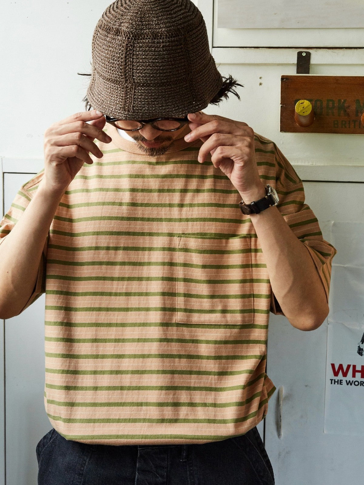 USAGE Retro Striped Cotton T Shirt in Pink - On Male Model