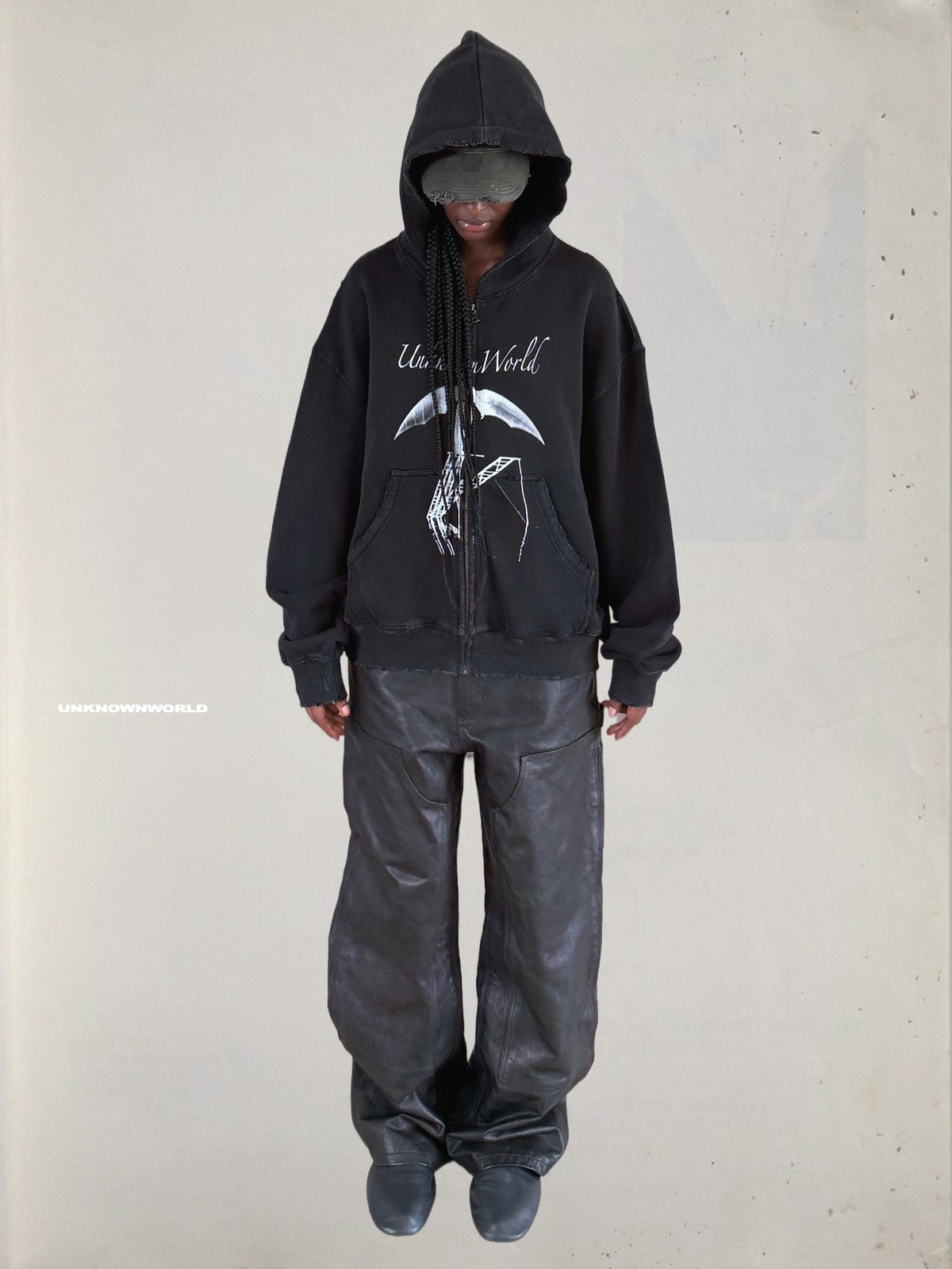 UNKNOWNWORLD Horsehide Double Knee Work Pants in Black - On Model