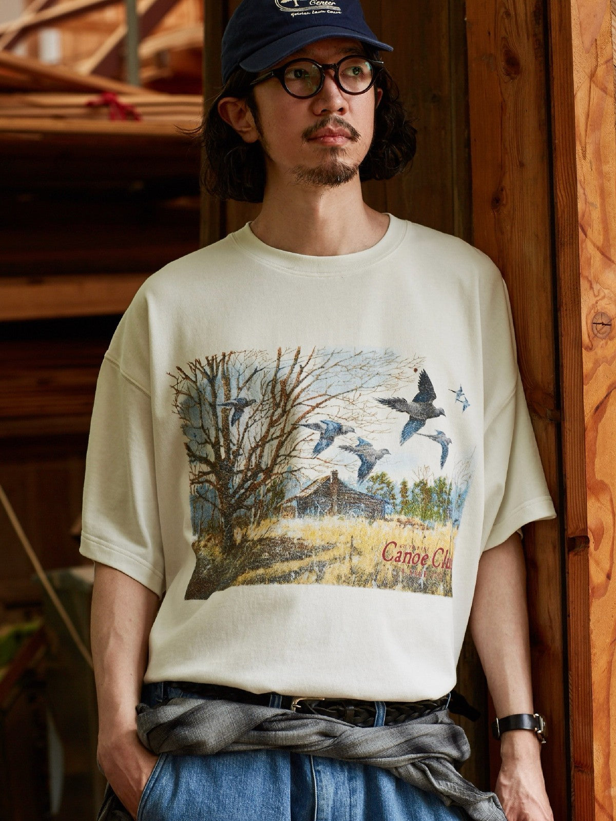 USAGE Canoe Club Graphic Cotton T Shirt in White - On Male Model