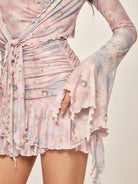 BEERBRO Shell Print Mesh Tie Front Top in Pink - On Female Model