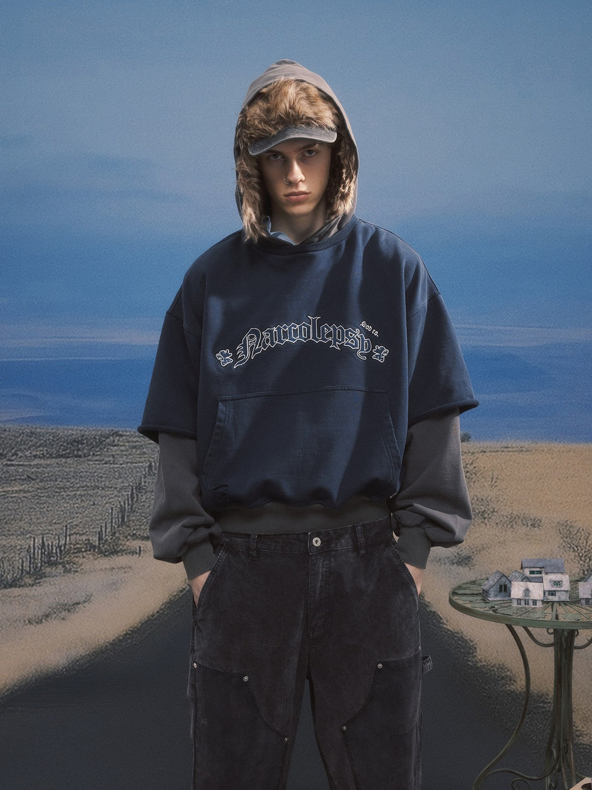 SOD Distressed Layered Effect Hoodie in Blue - On Male Model