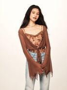 BEERBRO Sheer Mesh Tie Front Top in Brown - On Female Model