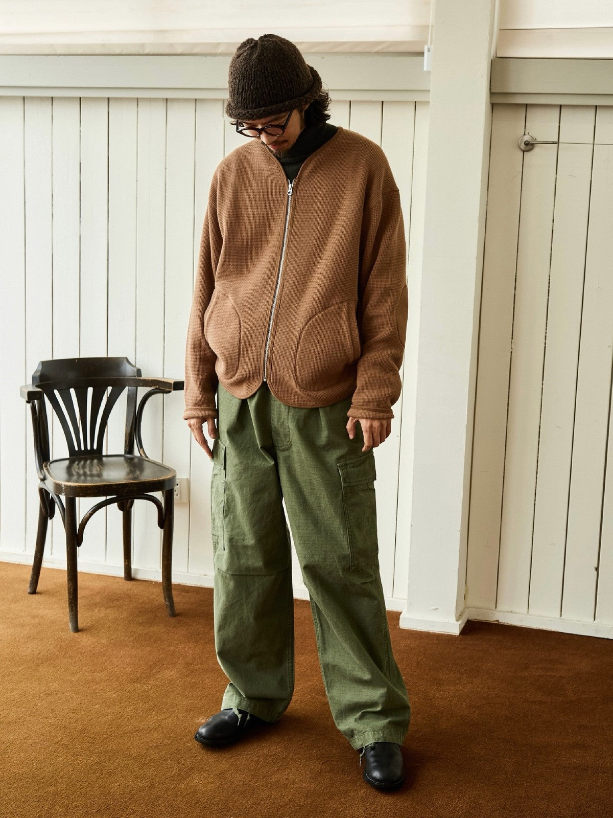 USAGE Heavyweight Waffle Knit Zip Cardigan in Beige - On Male Model