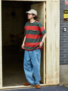 USAGE Wide Striped Cotton Pocket T Shirt in Green - On Male Model