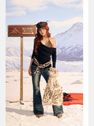 BeerBro Cowl Neck Top Leopard Cami Set in Black - On Female Model