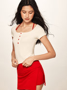 BEERBRO Faux Layered Knit Henley Crop Top in Red - On Female Model