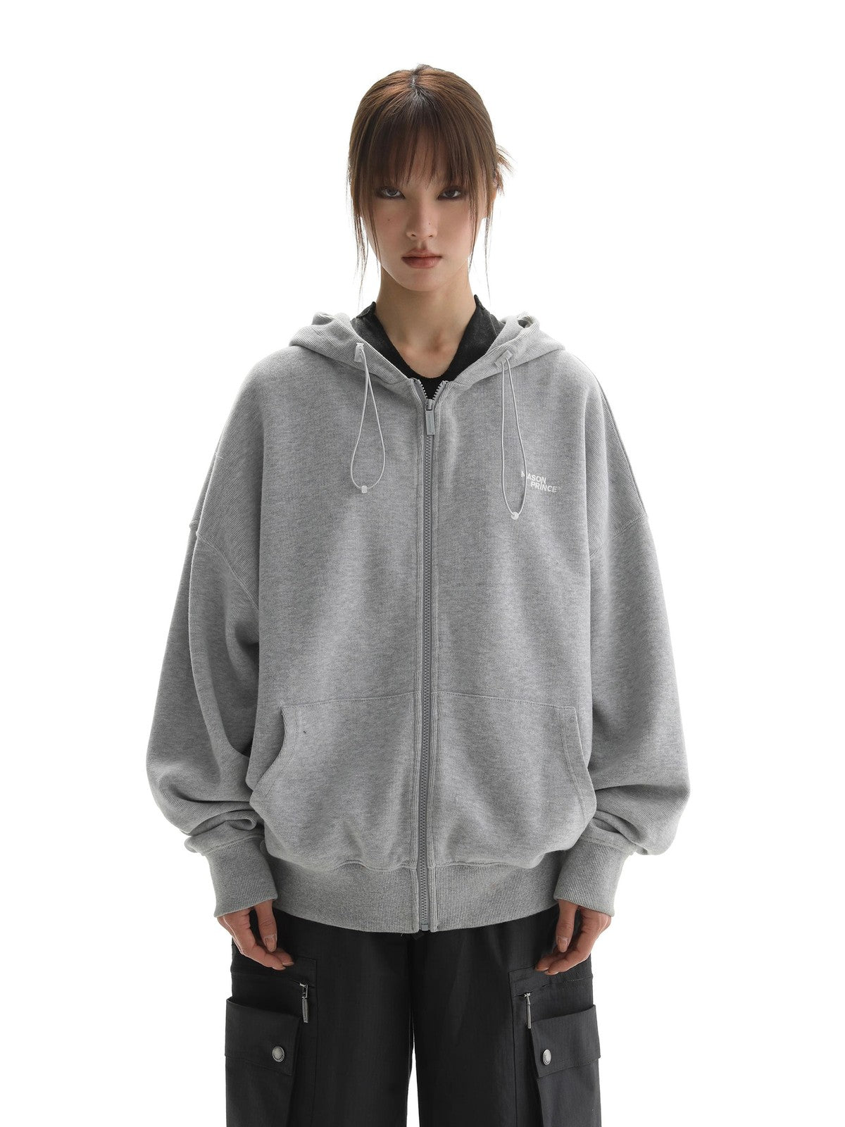 MASONPRINCE Cotton Blend Zip Up Hoodie in Gray - On Female Model