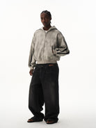 BLINDNOPLAN Distressed Embroidered Zip Up Hoodie in Gray - On Male Model