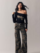 BEERBRO Washed Camo Micro Flare Cargo Pants in Brown - On Female Model
