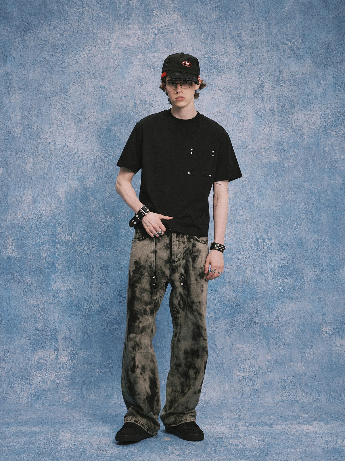 SOD Hand Tie Dye Distressed Straight Jeans in Gray - On Male Model