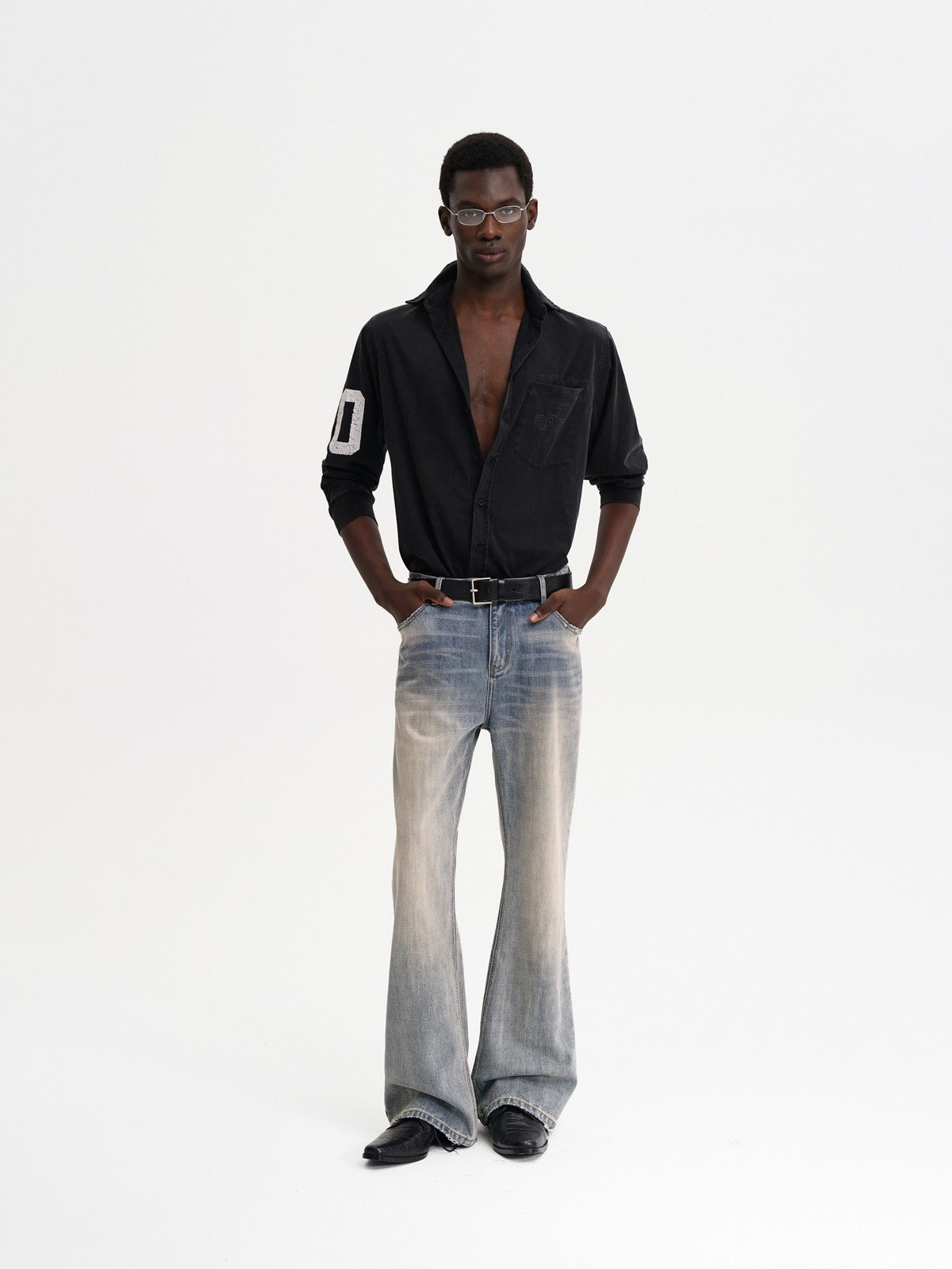 MASONPRINCE Faded Slub Flared Jeans in Denim - On Male Model