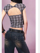 BeerBro Backless Plaid Mesh Top in Gray - On Female Model
