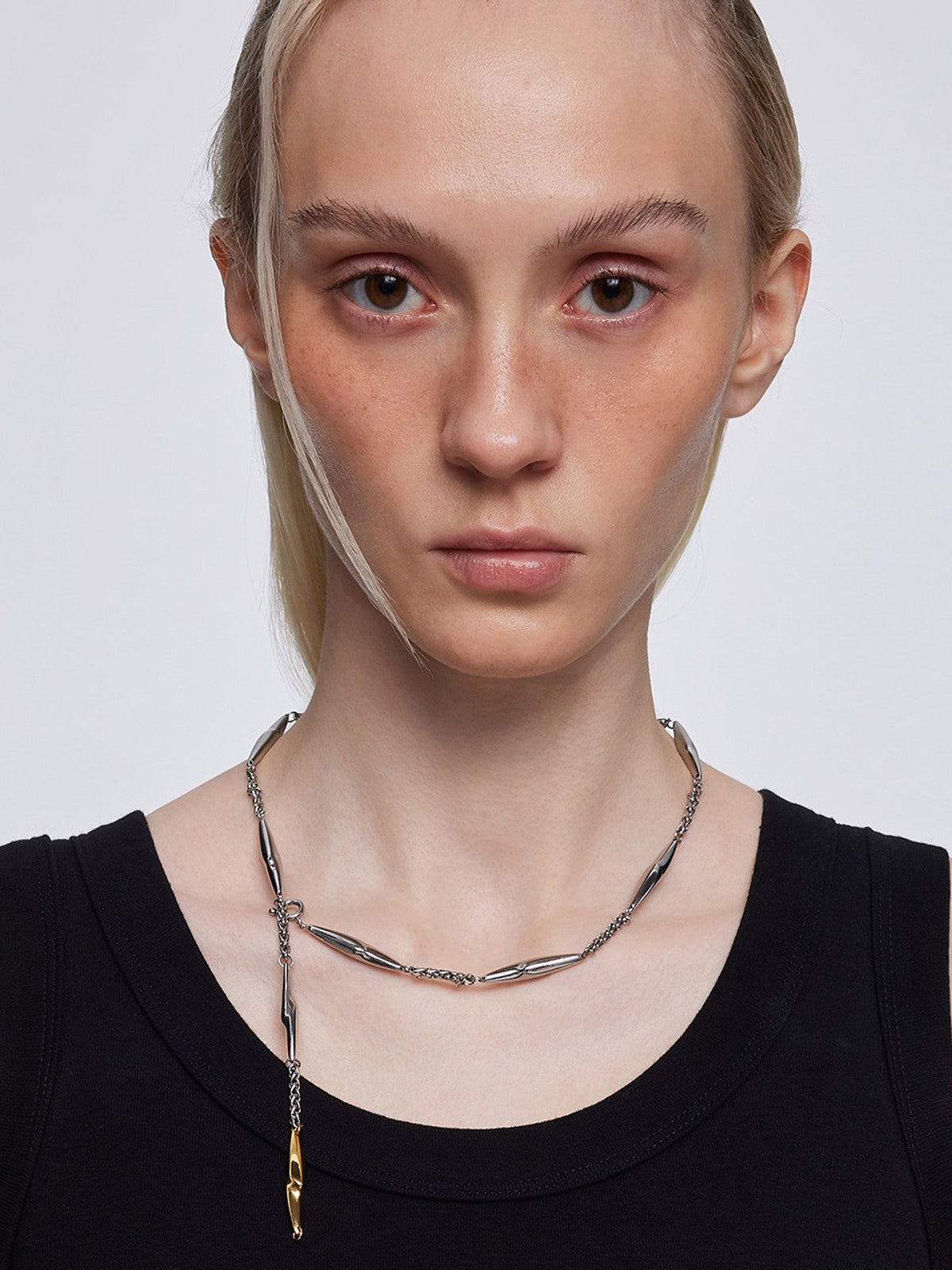 BLACKHEAD Two Tone Lightning Bolt Necklace in Gray - On Female Model