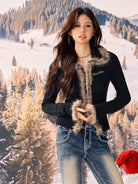 BEERBRO Faux Fur Trim Ribbed Cardigan in Black - On Female Model