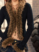BEERBRO Faux Fur Trim Ribbed Cardigan in Black - On Female Model
