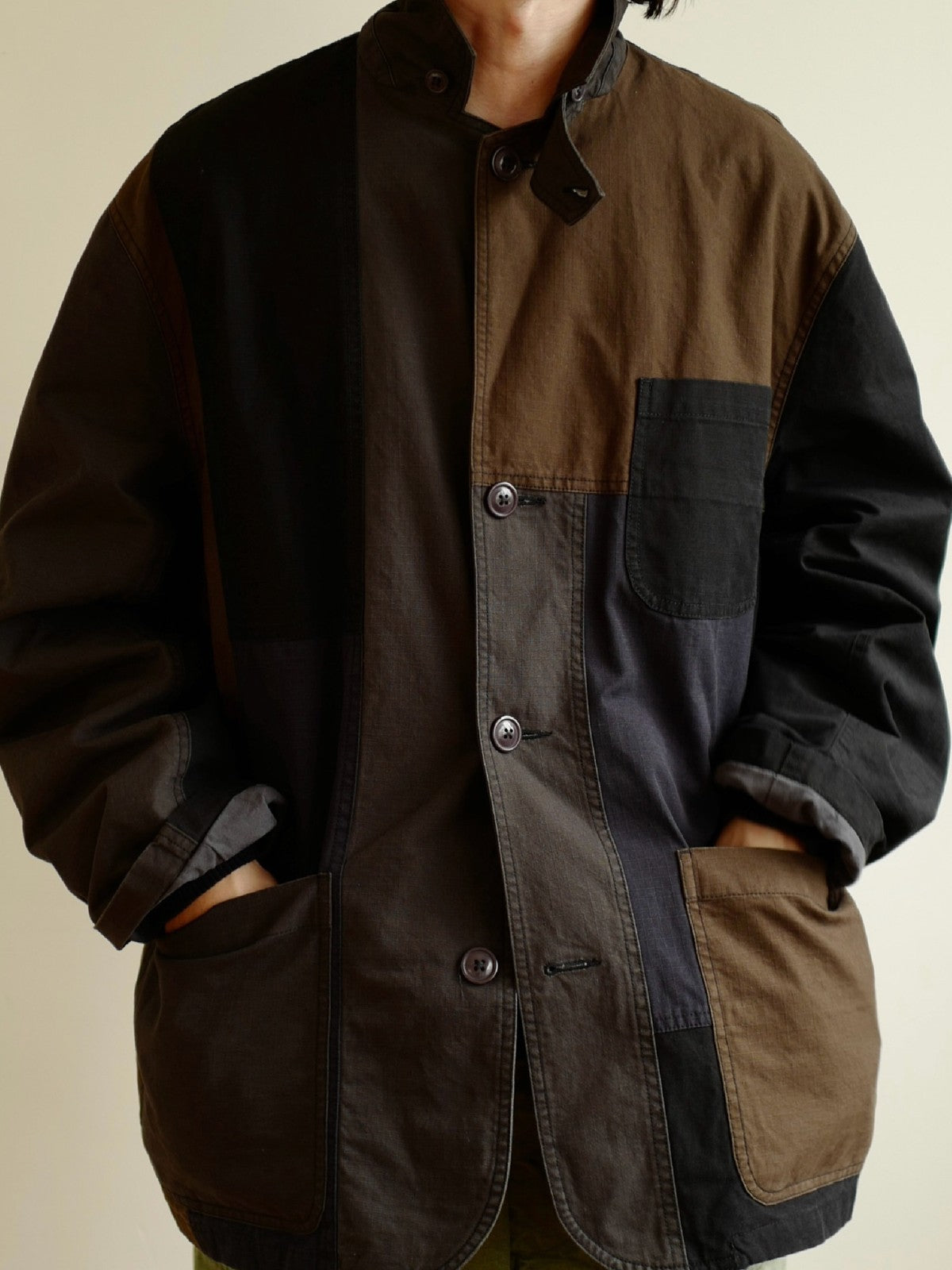 USAGE Cotton Ripstop Patchwork Blazer in Black - On Male Model