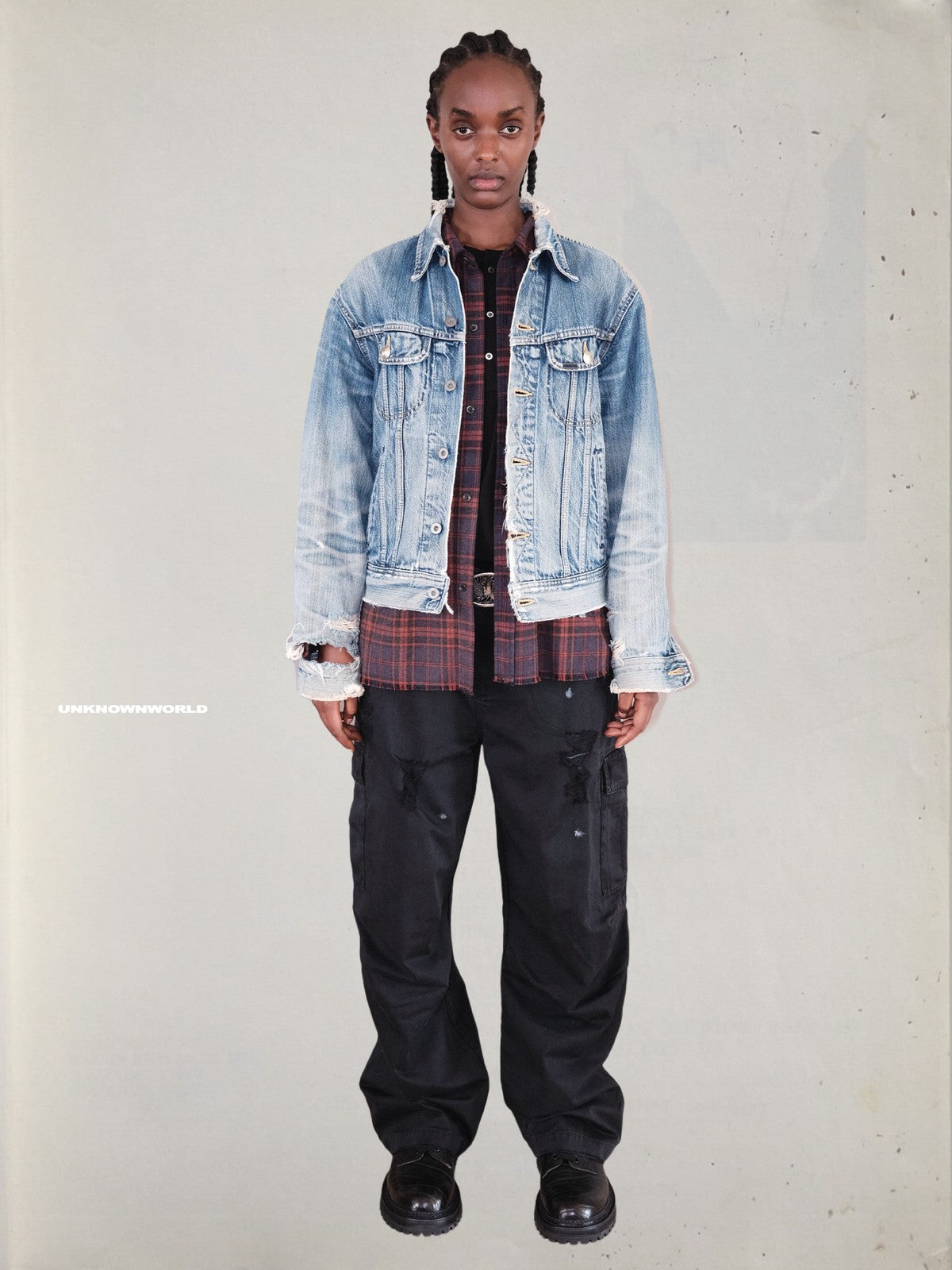 UNKNOWNWORLD Heavy Distressed Denim Jacket in Blue - On Female Model