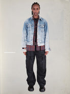 UNKNOWNWORLD Heavy Distressed Denim Jacket in Blue - On Female Model