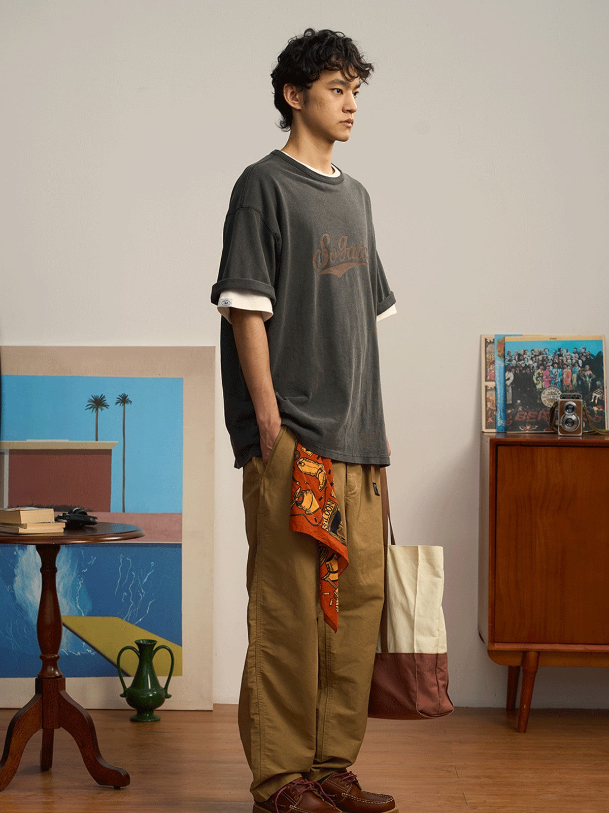 SOD Belted Cotton Nylon Tapered Pants in Beige - On Male Model