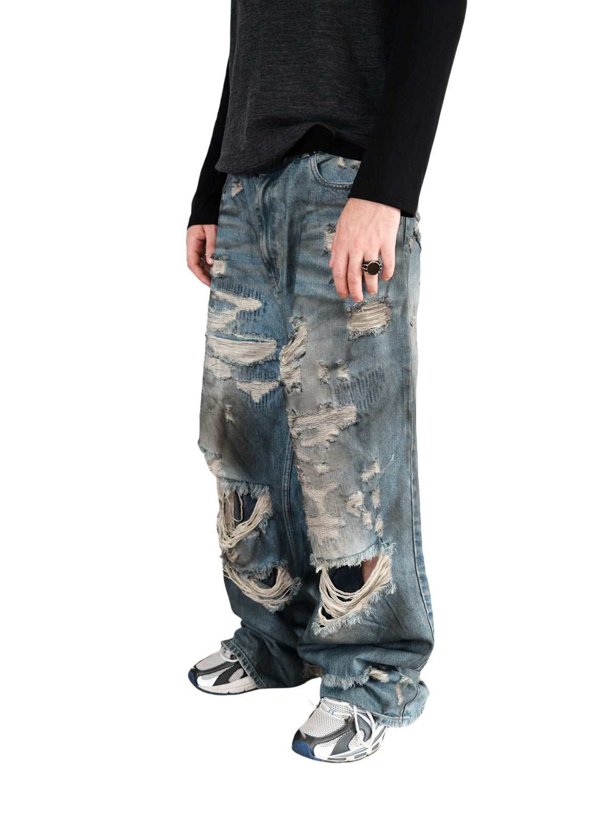 UNKNOWNWORLD Distressed Boro Mud Dyed Jeans in Denim - On Model