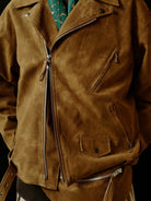 USAGE Distressed Faux Suede Moto Jacket in Brown - On Male Model