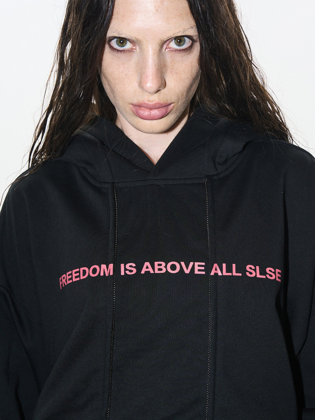 BLINDNOPLAN Faux Double Layer Paneled Hoodie in Black - On Female Model