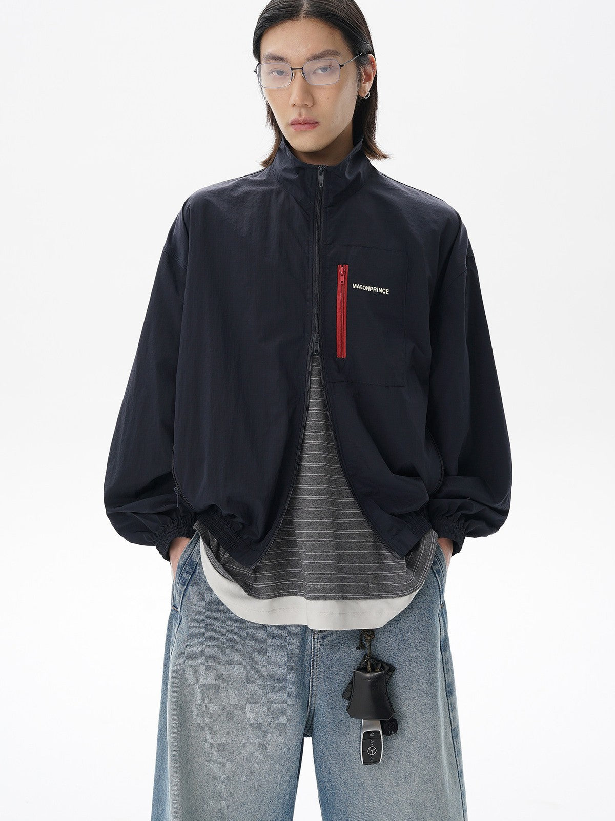 MASONPRINCE Lightweight Tonal Check Nylon Jacket in Navy Blue - On Male Model