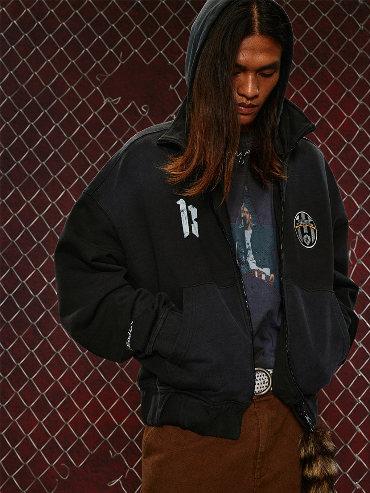 SOD Washed Layered Zip Up Hoodie in Black - On Male Model