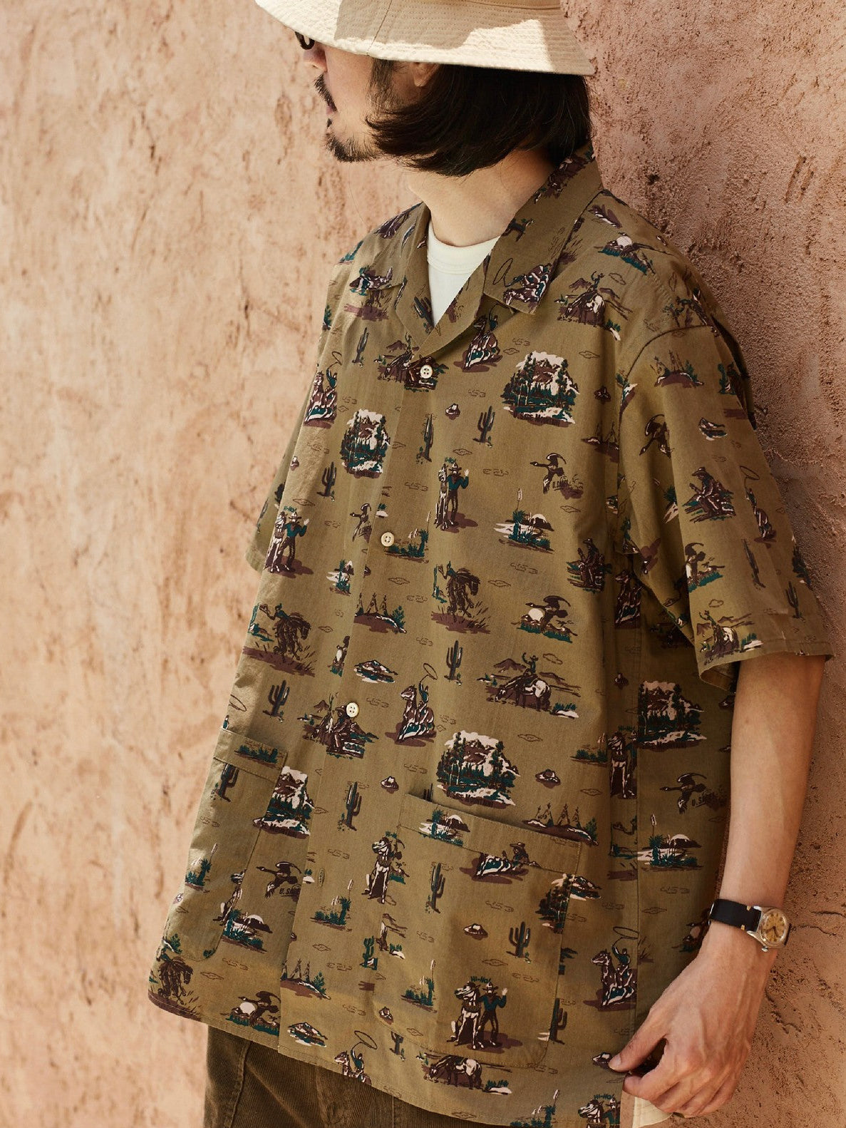USAGE Cowboy Print Cotton Hawaiian Shirt in Beige - On Male Model