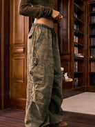 BEERBRO Washed Camo Parachute Cargo Pants in Olive - On Female Model