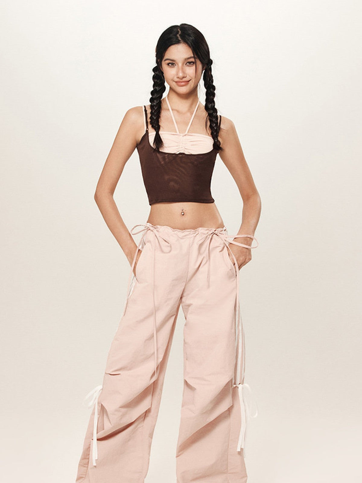 BEERBRO Drawstring Wide Leg Parachute Pants in Pink - On Female Model