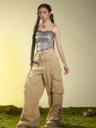 BEERBRO Drawstring Panelled Cargo Pants in Beige - On Female Model