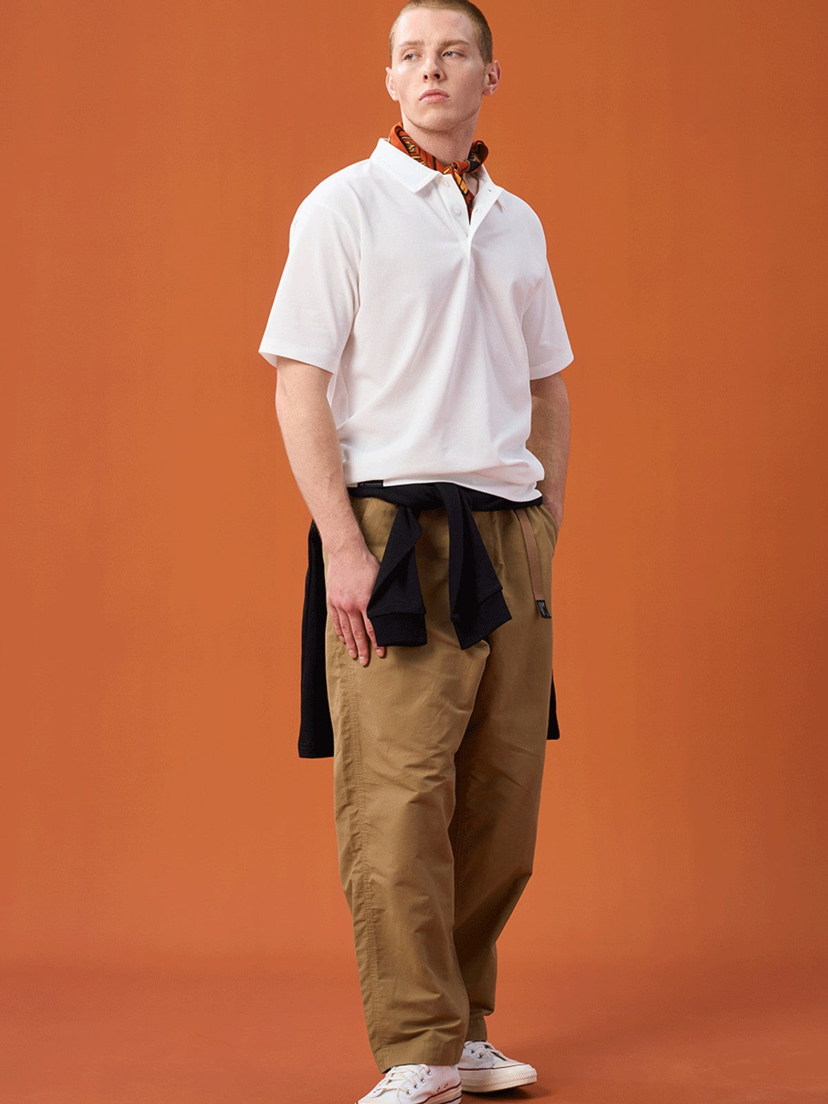 SOD Belted Cotton Nylon Tapered Pants in Beige - On Male Model