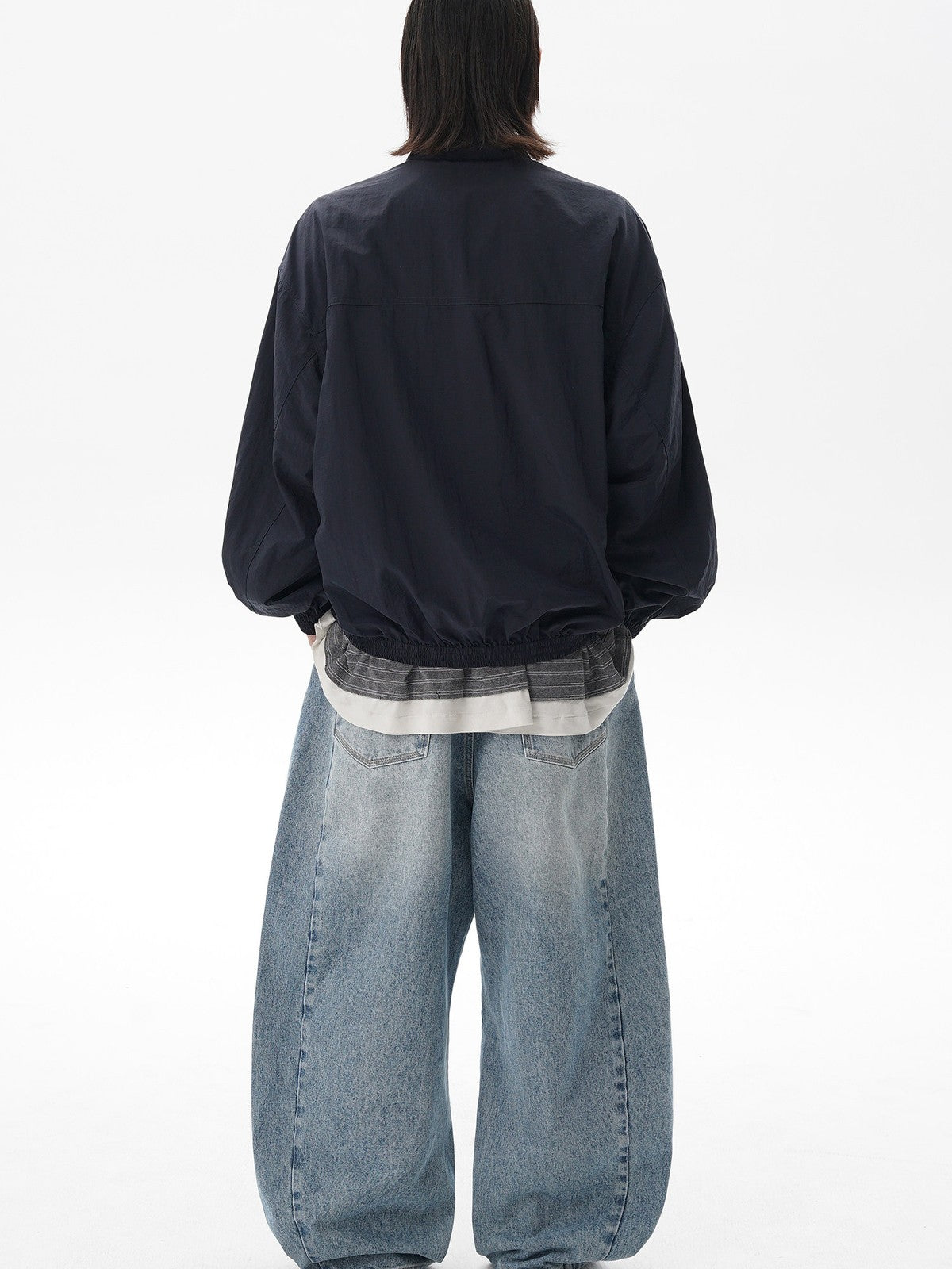 MASONPRINCE Lightweight Tonal Check Nylon Jacket in Navy Blue - On Model