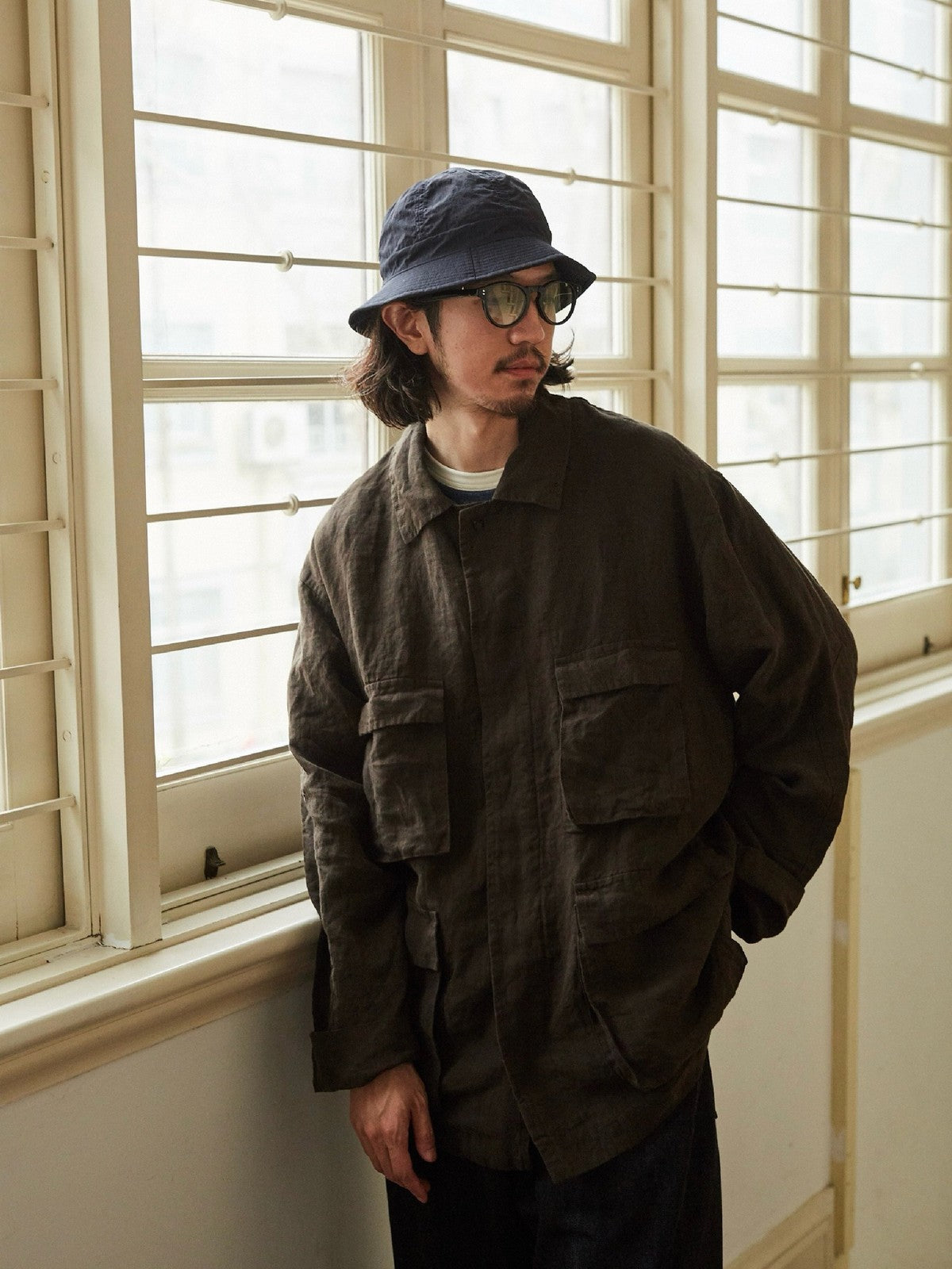 USAGE Linen Four Pocket BDU Jacket in Brown - On Male Model